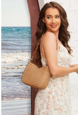 summer pink paper straw woven bag beach shoulder tote women basket handbag clutch purse