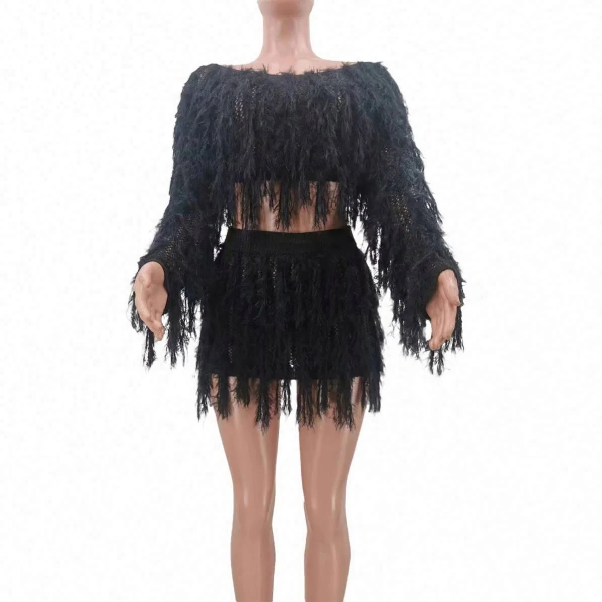 Beach Tassel Knitted Crop Top Mini Skirt Knitted Fringe Skirt Set