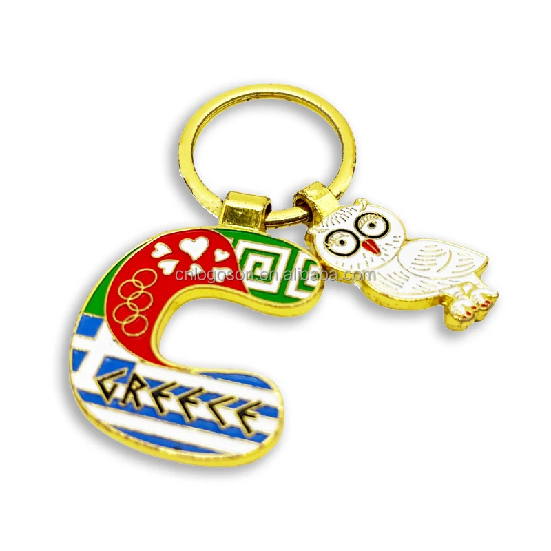 Guangdong Factory Quality Enamel Metal Personalised Letter C Owl Keychain Greece Greek Tourist Souvenir Key Chains