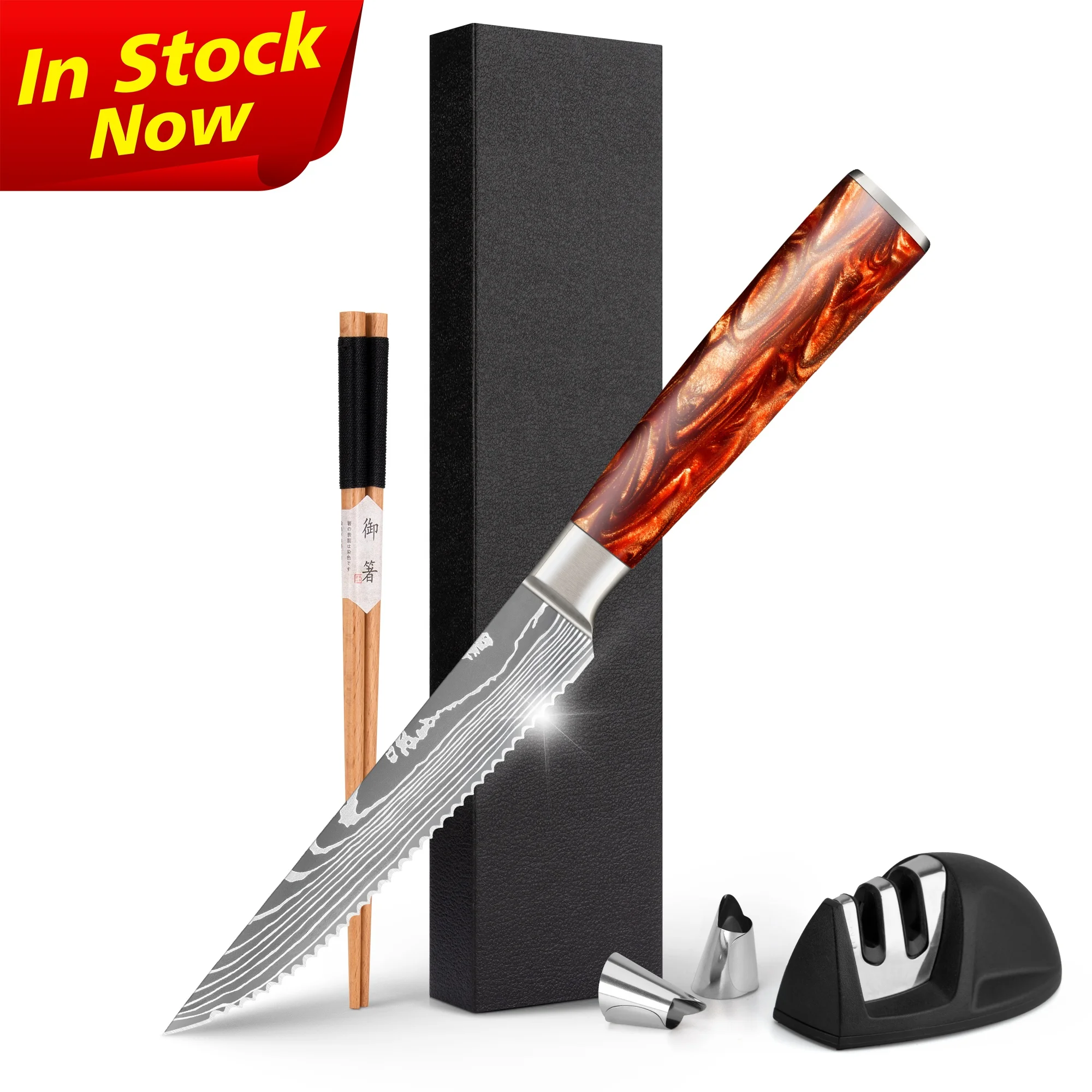 10% off Lava Red Resin Handle 5 Inch 67 Layers VG10 Tableware Cutlery Damascus Steel Serrated Blade Steak Knife With Gift Box