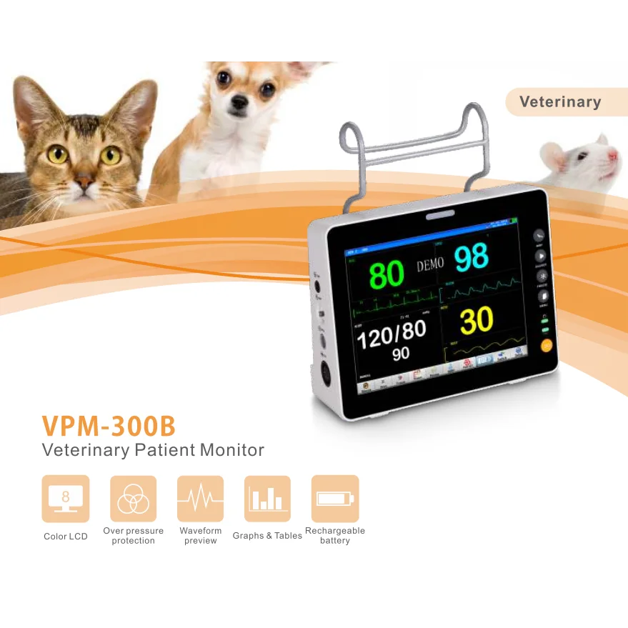  Горячая распродажа! 8 дюймовым экраном VPM-300B портативный ветеринарный сердечный монитор для