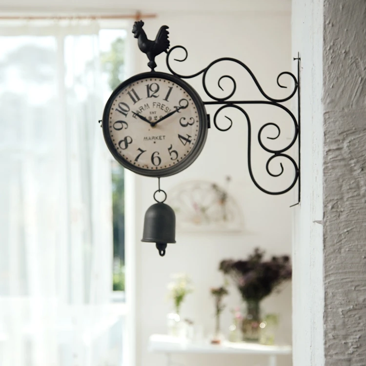 Garden Double Clock with Bell Outside Decoration Retro Style Double Sided Wall Clock