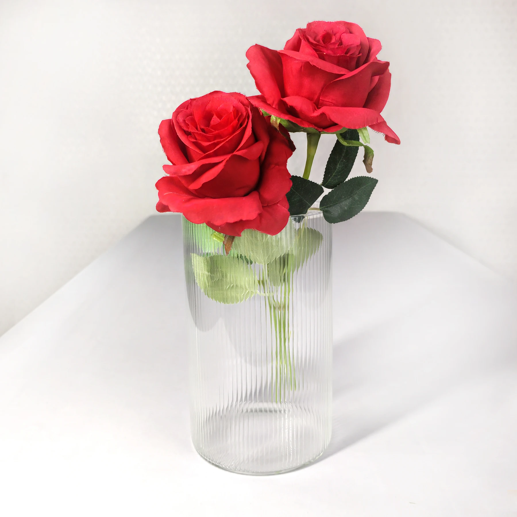 Tall Clear Glass Flower Vase - Wide Mouth Cylinder Fluted Ribbed Bud Vase high borosilicate glass vase