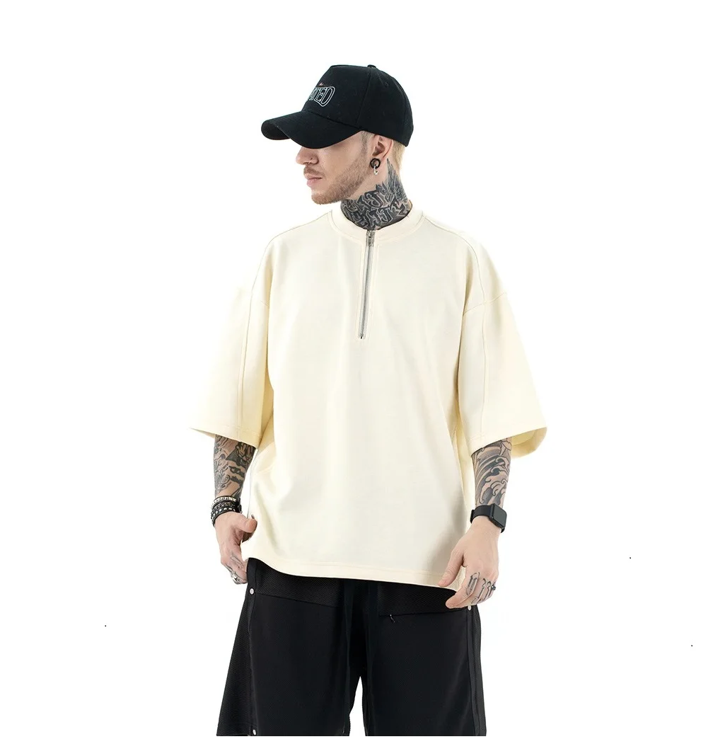 Top Selling Mens  Clothing Gym Wear Cotton Plain Workout Shirts Custom Zip up Collar Beige Sports T Shirts