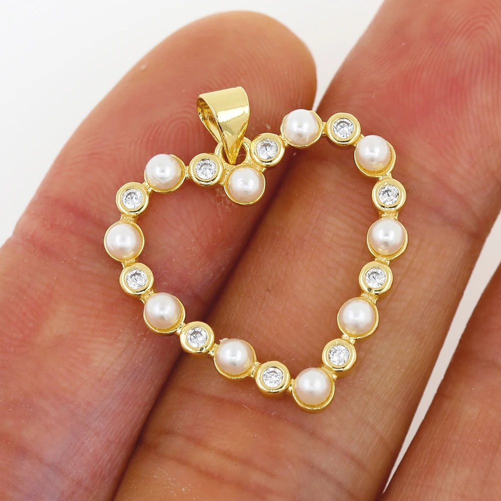 18k gold plated clear zirconia paved white pearl love heart pendants for jewelry making jewelry pendant charms wholesale