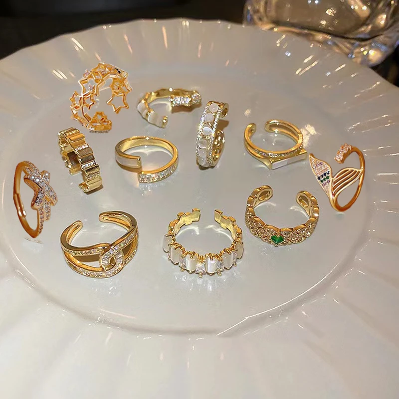 2022 Korean style open real gold electroplated zircon opal geometric open fashion cubic zirconia split ring