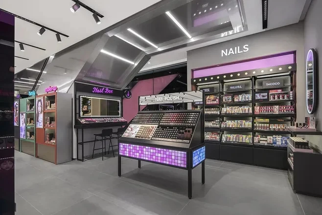 Shopping mall uses special custom made LED light acrylic cosmetic display showcase with makeup mirror