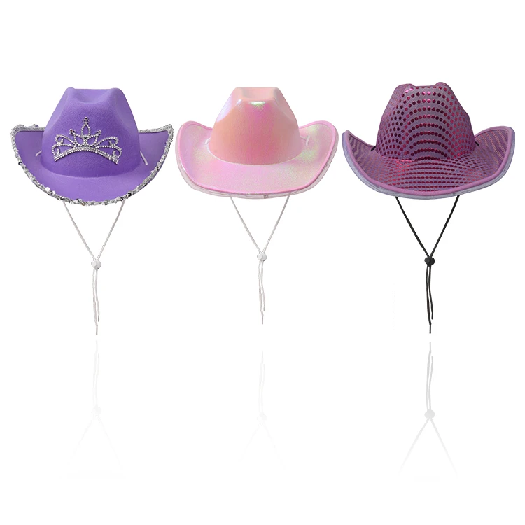 Pink Sequin Cowboy Hat and White LED Tiara Cowgirl Cowboy Hat with Veil for Bridal Party