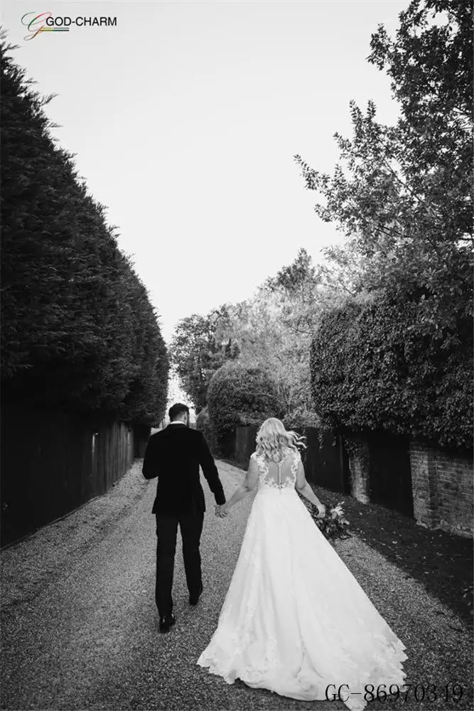 S-86970349  Wholesale Elegant lace applique v-neck white sheer short sleeve wedding dress weeding gown