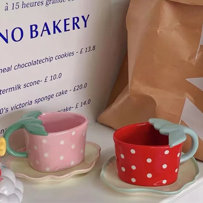 Korean afternoon tea cup cute coffee cup and saucer strawberry 3D hand painted mug