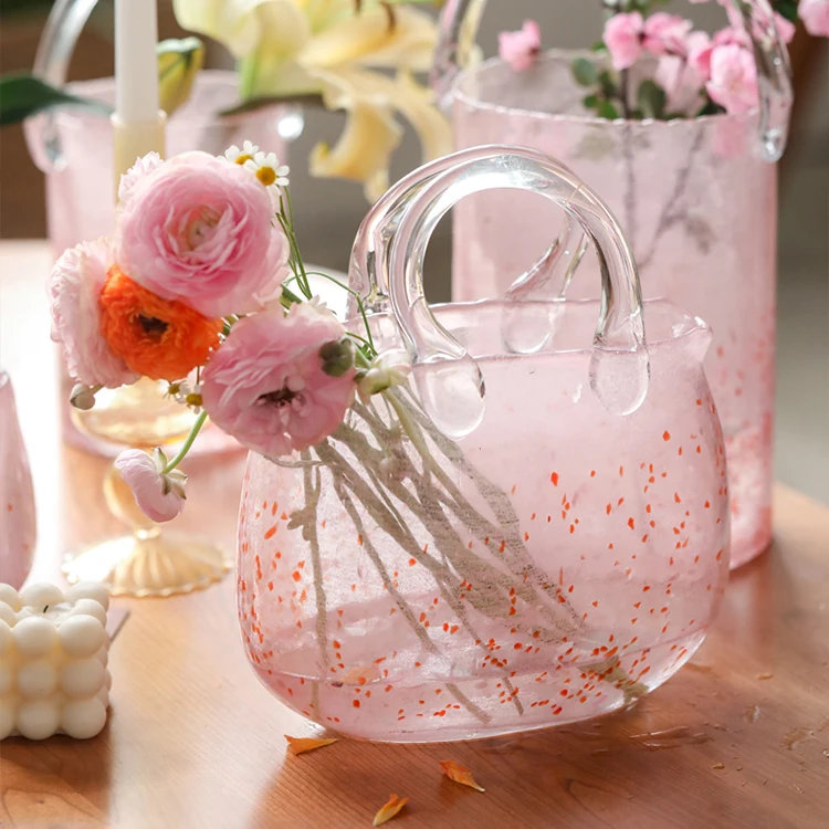 Big Size Pink bucket ornaments creative cultivated glass handbag bag Glass & Crystal Vases Pink Purse Vase