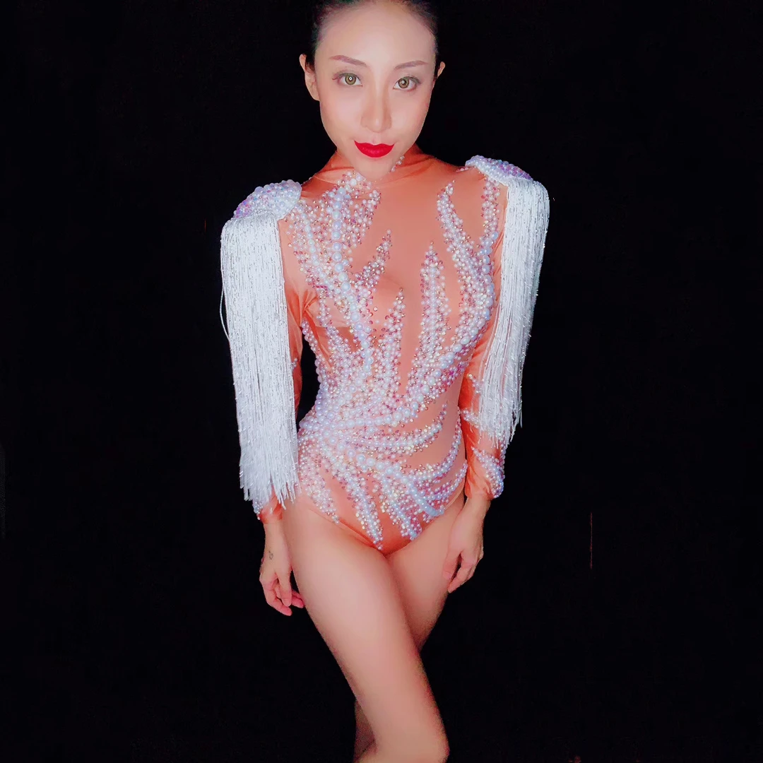Mono Mujer Designer Tassel Crystal Rompers Women Jumpsuit Night Club Performance Wear Pole Dance Leotard Rhinestone Bodysuits