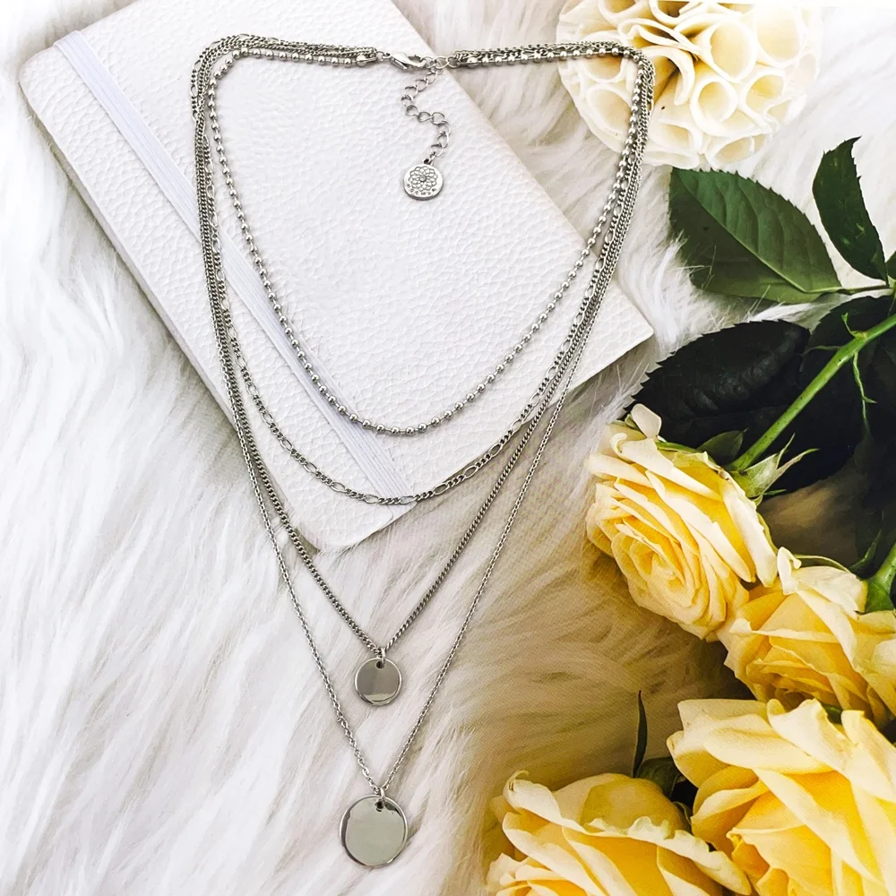 Fashion women accessories China factory custom logo name Blank coin Pendant multi layer triple chain necklace