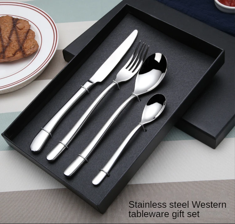Customized logo luxury metal knife, fork and spoon tableware 304 stainless steel dining table tableware set gift box