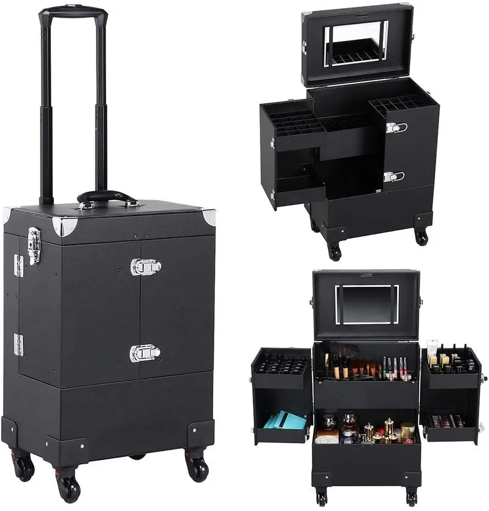 Extra Large Cosmetic Case Trolley on Universal Wheels Professional Makeup Box with Mirror Black