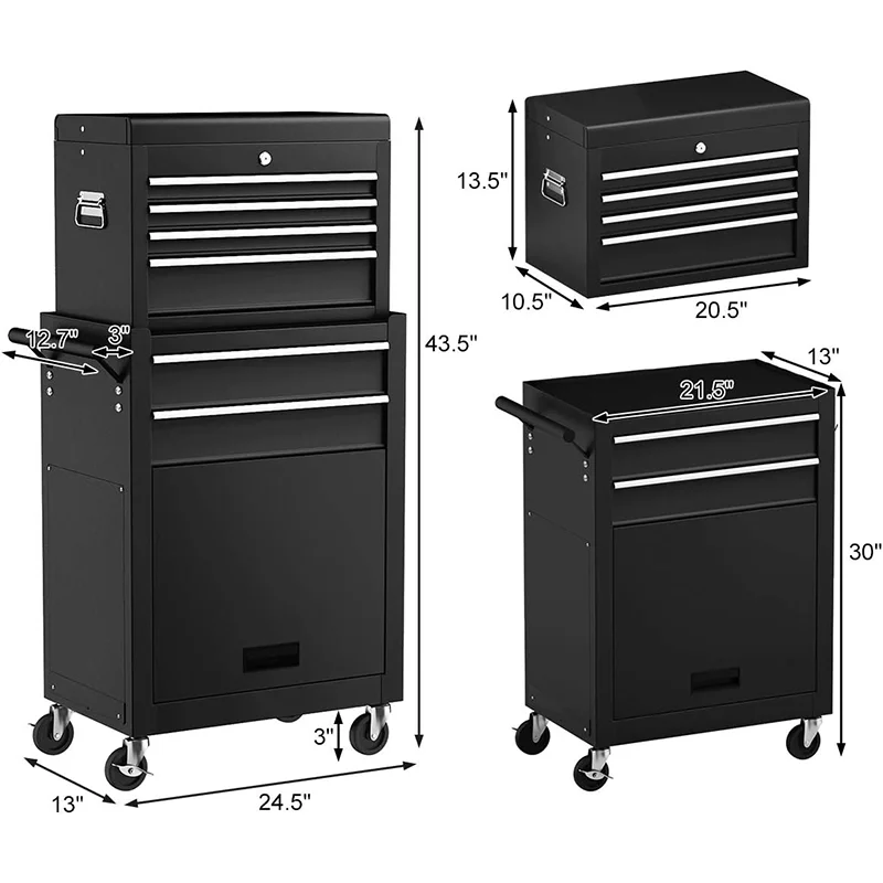 Lockable Wheels Sliding Drawers Rolling Tool Chest, Detachable Top 6-Drawer Tool Box Auto Locking Black Tool Storage Cabinet