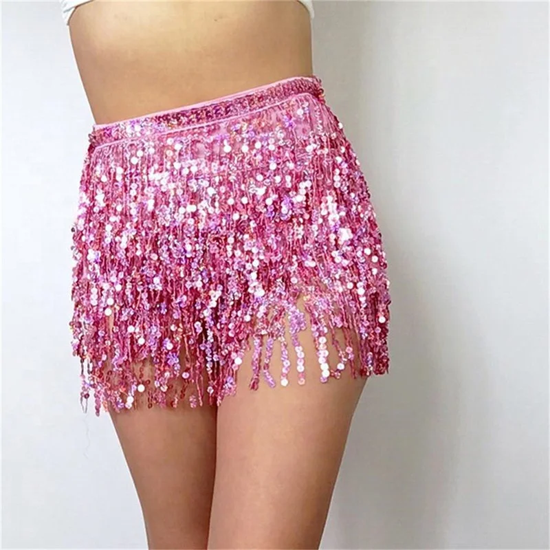 LH077 Tassel fringe sequin women Summer style beach short Sequin Belly Dancer Costume Tassel Wrap Skirt Club Mini Skirt