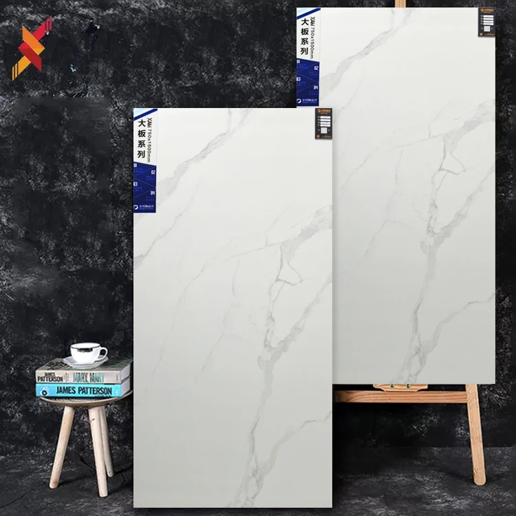 Cheap price indoor white ceramic wall large slab porcelain floor tiles full polished glazed marble look 750x1500 big tile