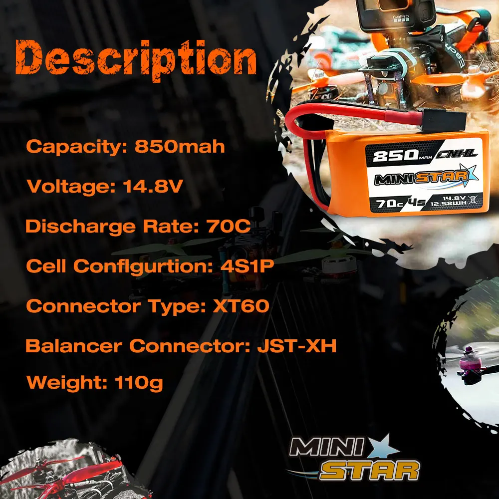 CNHL ministar 850mah 14.8v 4s 70c lipo battery with xt60 plug  For FPV Drone Helicopter