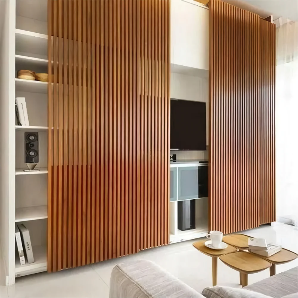 Foju Modern Interior Decoration Hollow Wooden Grain PVC WPC Privacy Screen Partition Curtain Wall WPC Square Timber Tube