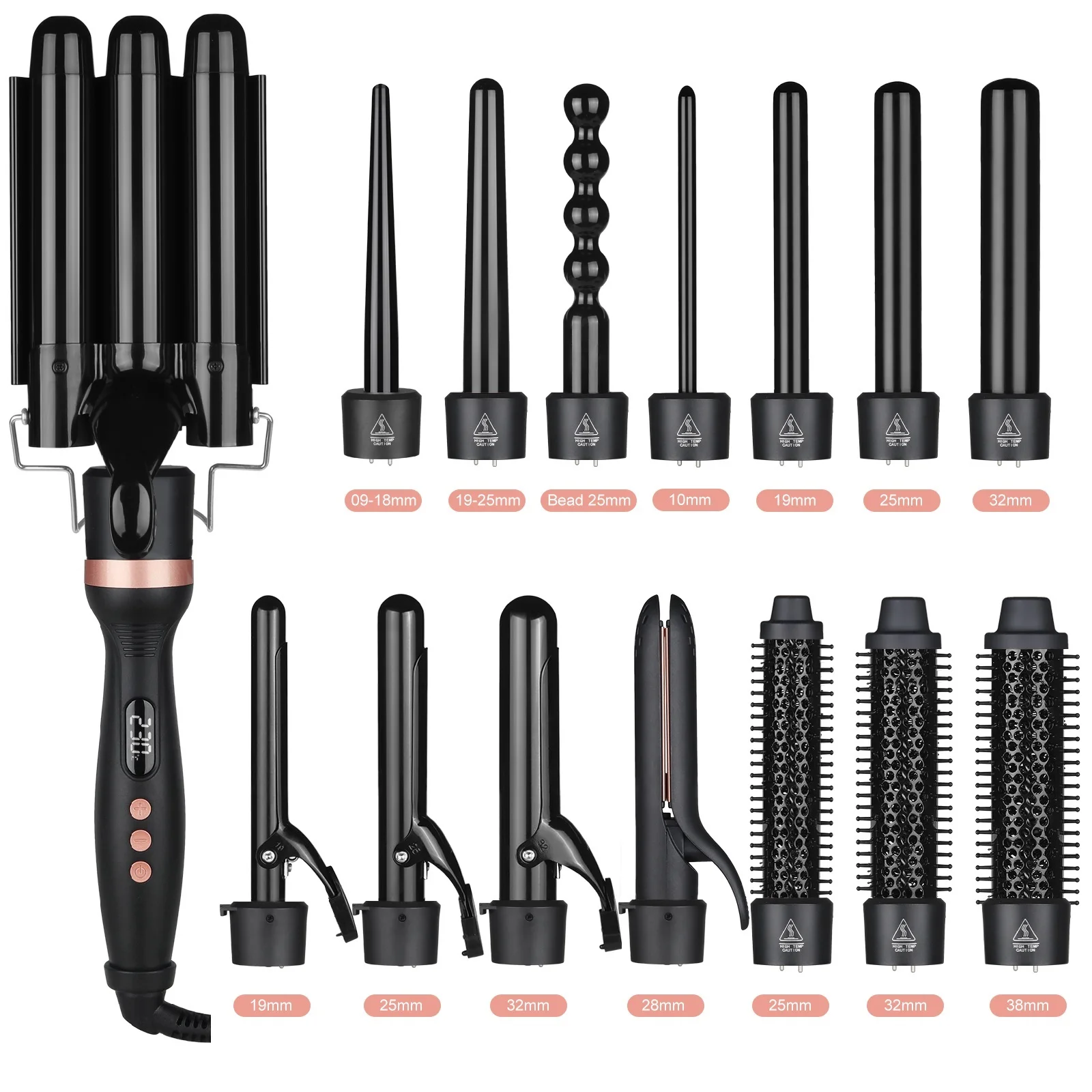 Professional Salon 5 In 1 Curl Waver Wand Curling Iron Ceramic Ionic Triple Rotating 3 Barrel Hair Curler