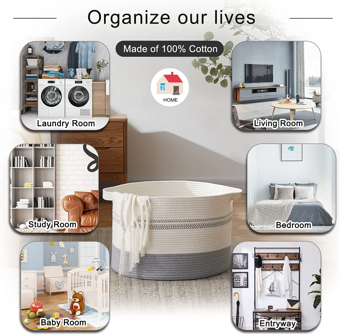 White Large Rope Cotton Woven Storage Laundry Basket