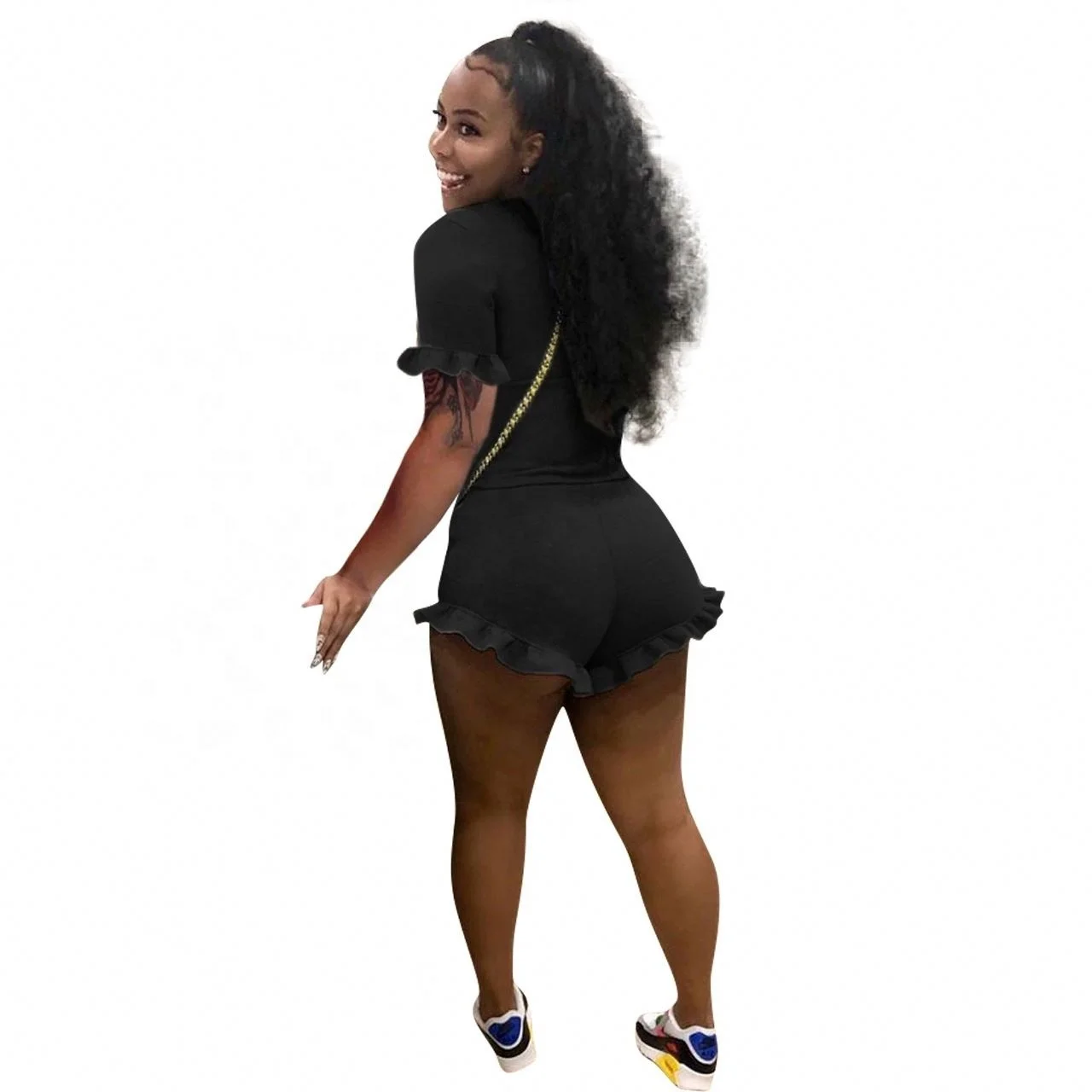 Hot Sale Ruffled Top Set Wood Ears Stitching Short Sleeved Pencil Pants Solid Color Sexy Casual Women Two Piece Short Set