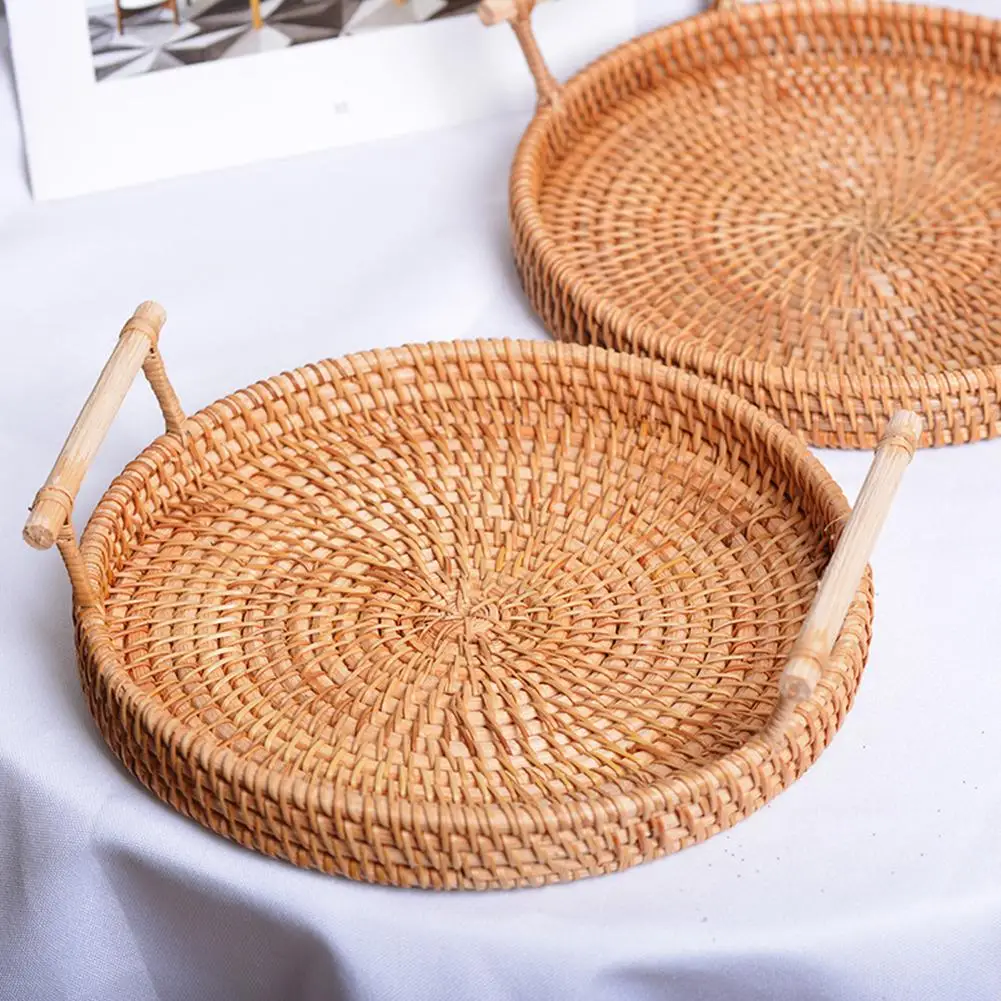 
Round Storage Tray Bread Basket Rattan Woven Storage Snack Fruit Plate Hotel Essential Oil Tray With Handle For Serving Dinner 