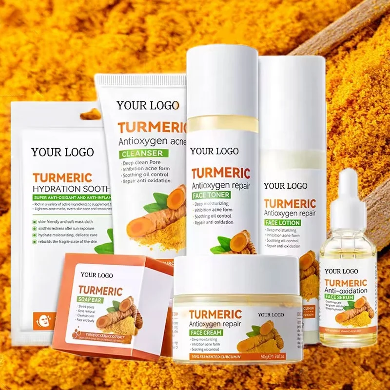 Professional Organic Private Label Turmeric Skin Care Set Anti Acne Dark Spot Remover Face Serum Cleanser Cream Kit