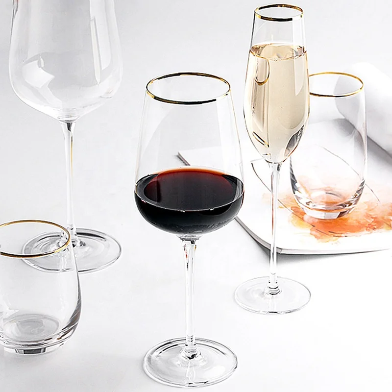 Wholesale Mouthblown Lead-free Crystal Gold Rim Goblet Flute Champagne  Glass Red Wine Glass  Wine glass set for party