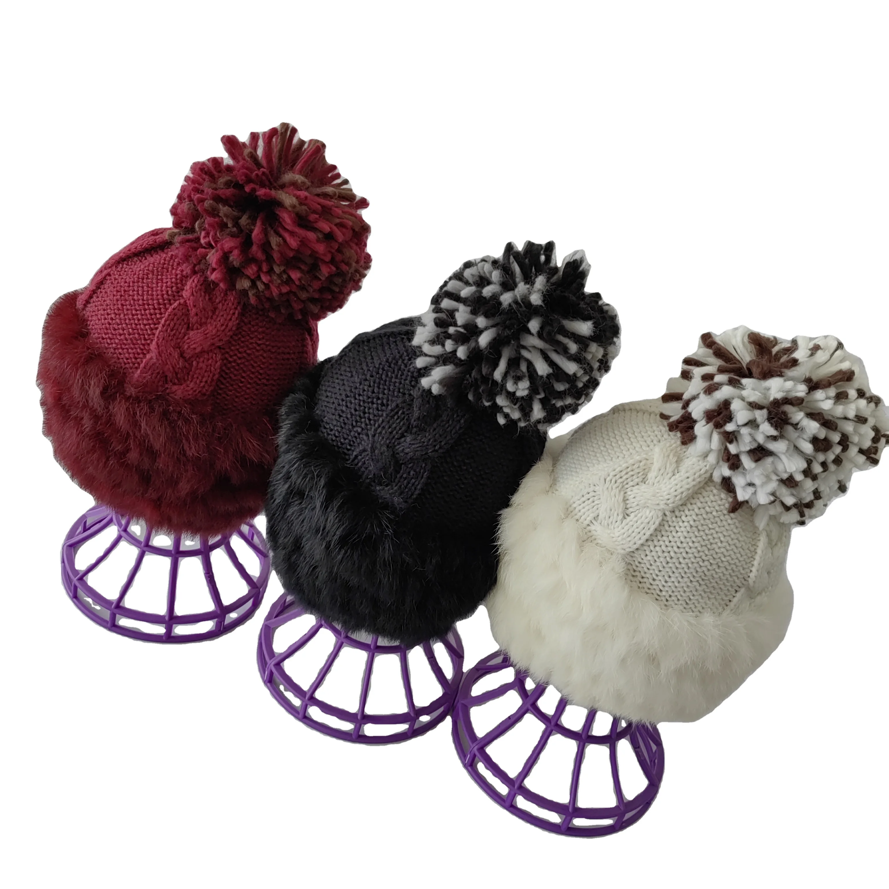 2022 latest knit hat with fur pompom knitted fur winter ladies hats ladies winter warm hats