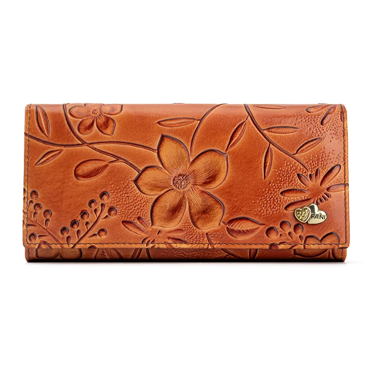 High Quality Retro Style Women Genuine Leather Long Wallets Ladies Purses Handbag Clutch Flower Embossed Wallets for Women
