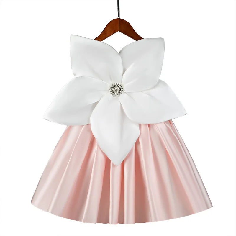 Baby Girl Princess Satin Dress Sleeveless Child Vintage Big Flower Vestido Party Pageant Birthday Wedding Baby Clothes