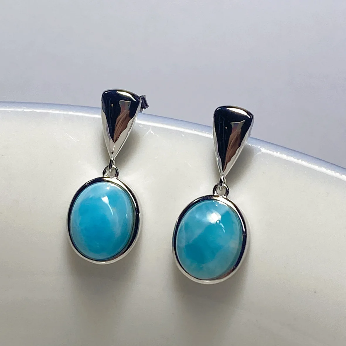 925 Silver Larimar Stud Earrings Simple Earrings 925 Sterling Silver Natural Blue Larimar Stud Earrings for Women Jewelry