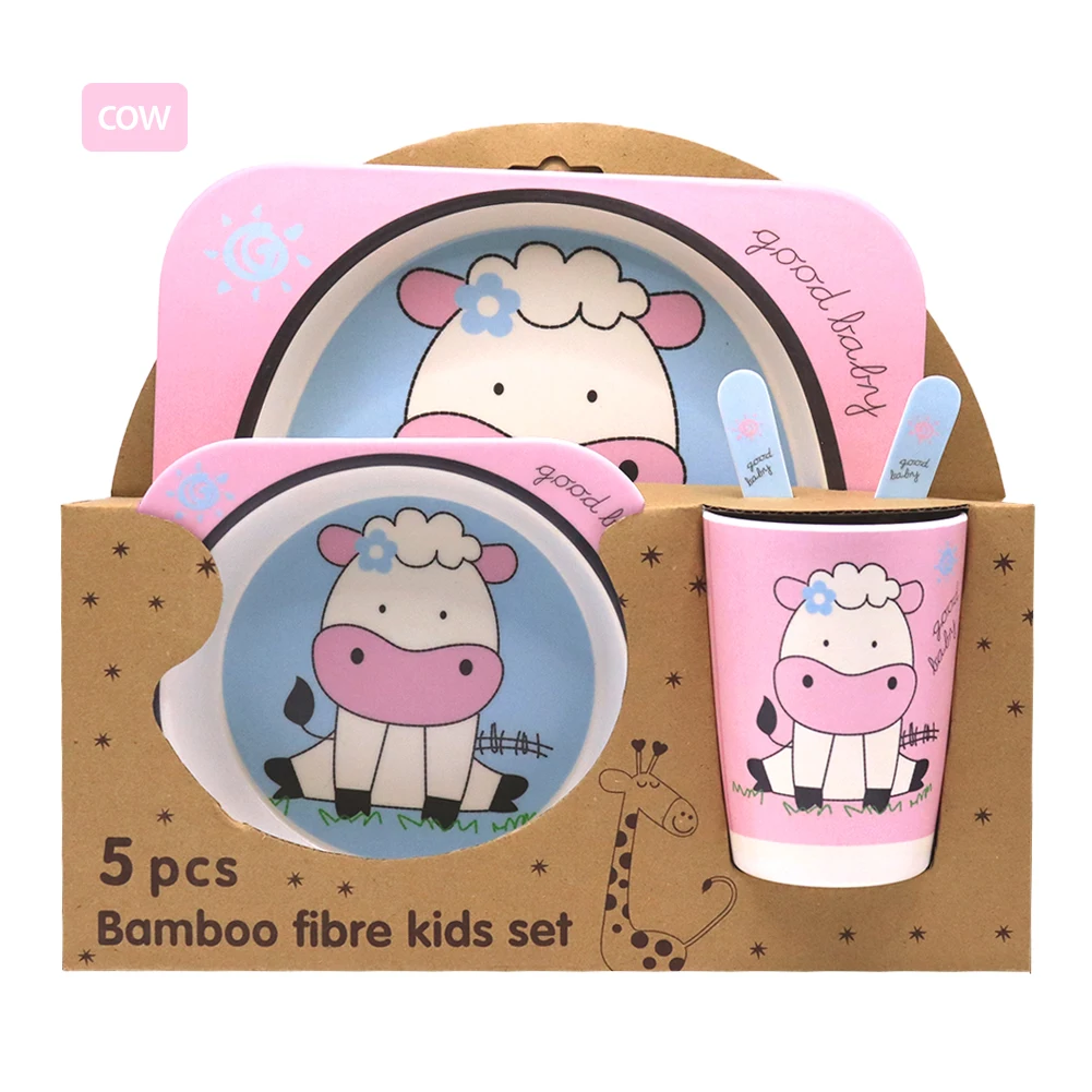 Factory Price Plastic Dinner Set Anti Falling Melamine Dinner Sets Utensils 5pcs Cartoon Baby Children Bamboo Dinnerware