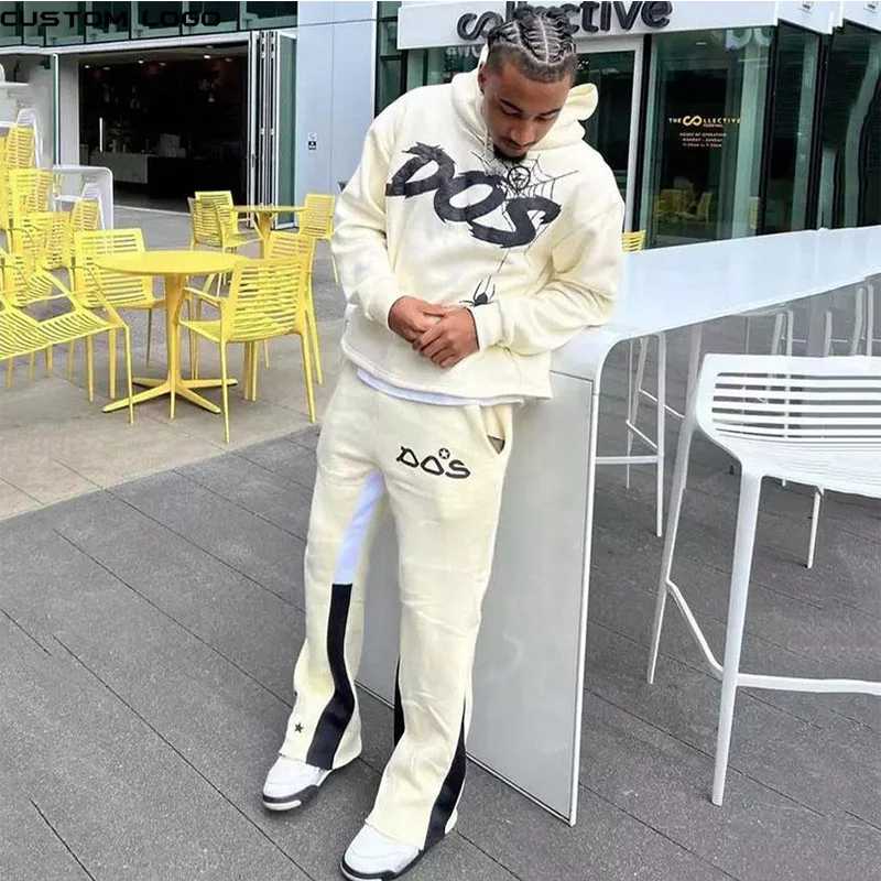 OEM Cotton Print Cut Raw Hem Edge Hoodie Patchwork Pant Men Tracksuit Heavyweight Stacked Flared Mens Two Pieces Jogger Sets