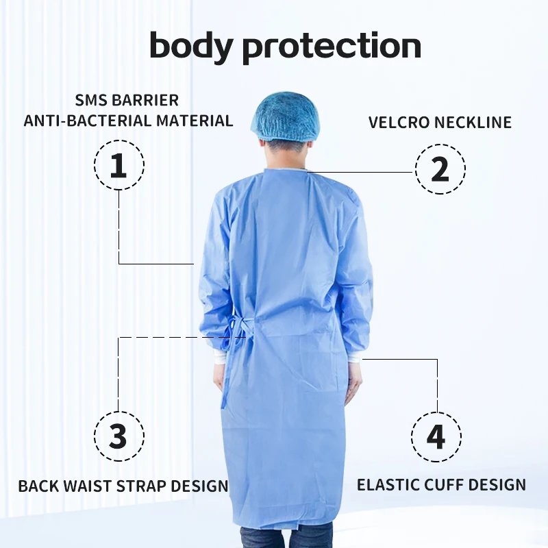 Sterile Surgical Gowns Factory Level 2 Level 3 SMMS Surgery Dental Surgical Disposable with Knit Cuff Adult CE Blue EOS EN