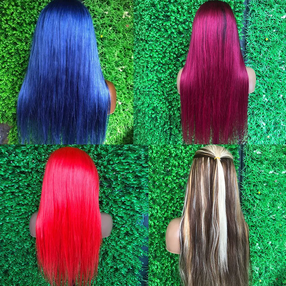 Red Color Human Hair Wigs with Bangs Straight Lace Front Wigs Cuticle Brazilian Virgin Hair Glueless Lace Wigs Bleached Knots