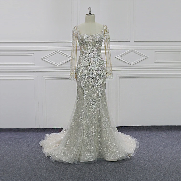 Young Style Heavy Beading Bling Mermaid Wedding Gown Long Sleeve Robe De Mariage Mode 2023 Bridal Dress