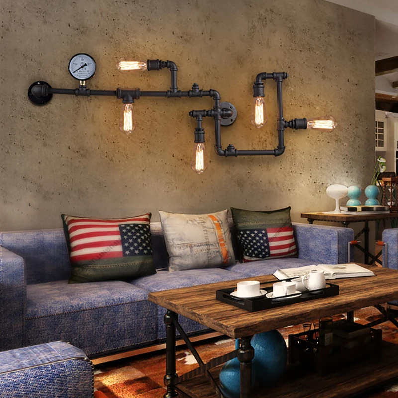 Steam punk Loft Industrial Iron Water Pipe Wall Lamp E27 LED Wall Lights for restaurant bar cafe