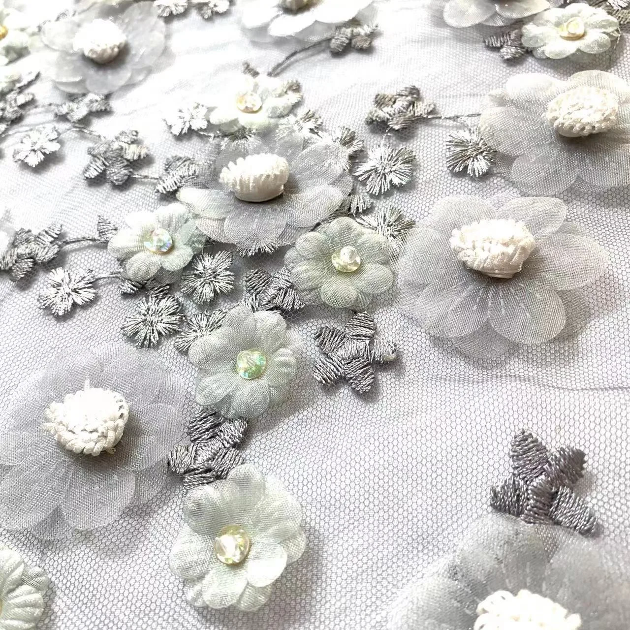 New arrival embroidery flower fabric 100% polyester mesh tulle 3d stone lace fabric embroidery for garment