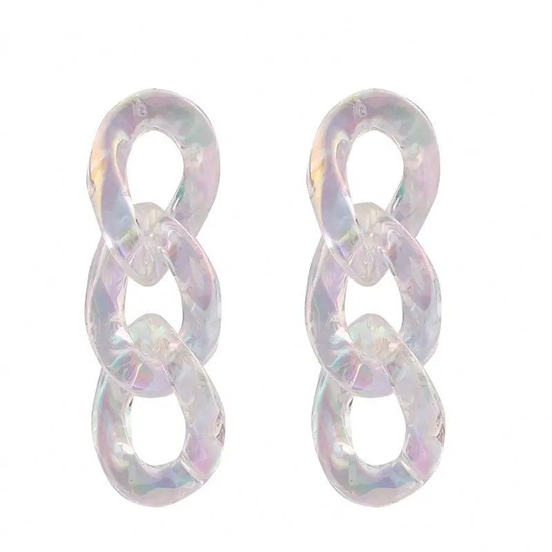925 Silver Needle Colorful Shining Glaring Link Chain Earring Acrylic Circle Chain Earring