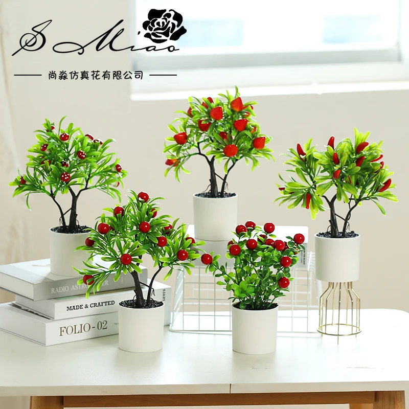 Factory Wholesale Plastic Garden Plant  Indoor Christmas Decoration Love Fruit Trees Artificial Potted Bonsai