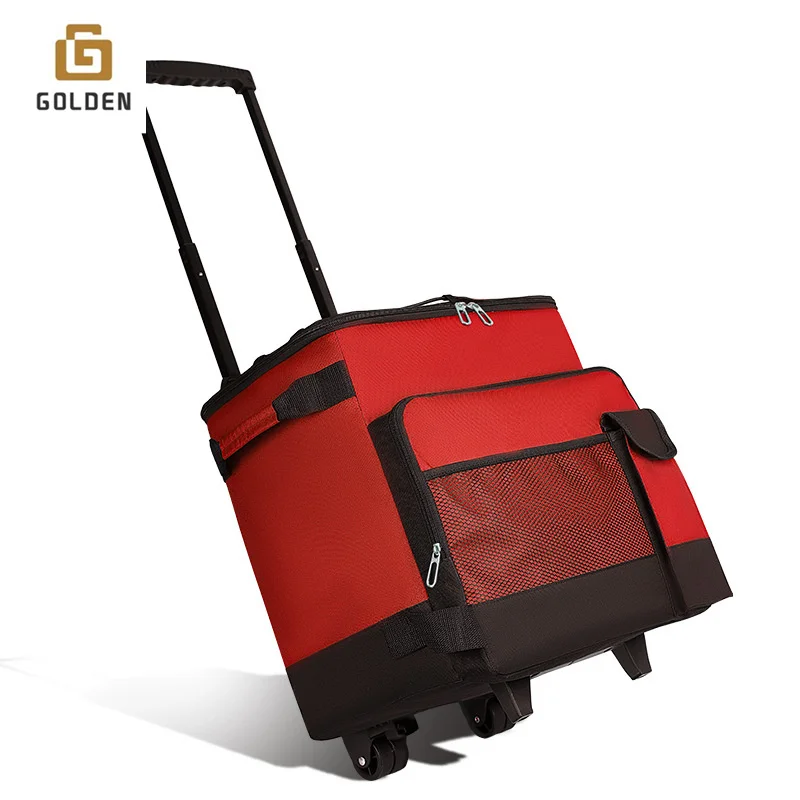 Golden Newest Style Shopping Blue Tooth Speaker 600D Polyester Insulated Trolley Cooler Bag With 4 Wheels Rolling Cooler Bag