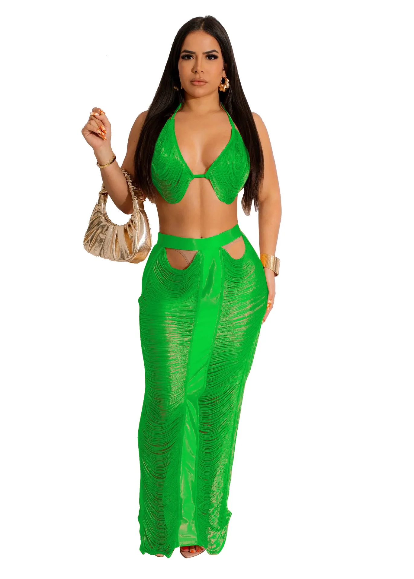 2023 New Crochet Hollow Out Tassel Summer Bikini Beach Wear Women Holiday Vacation  Swimwear Beach Maxi Wrap Skirt Set
