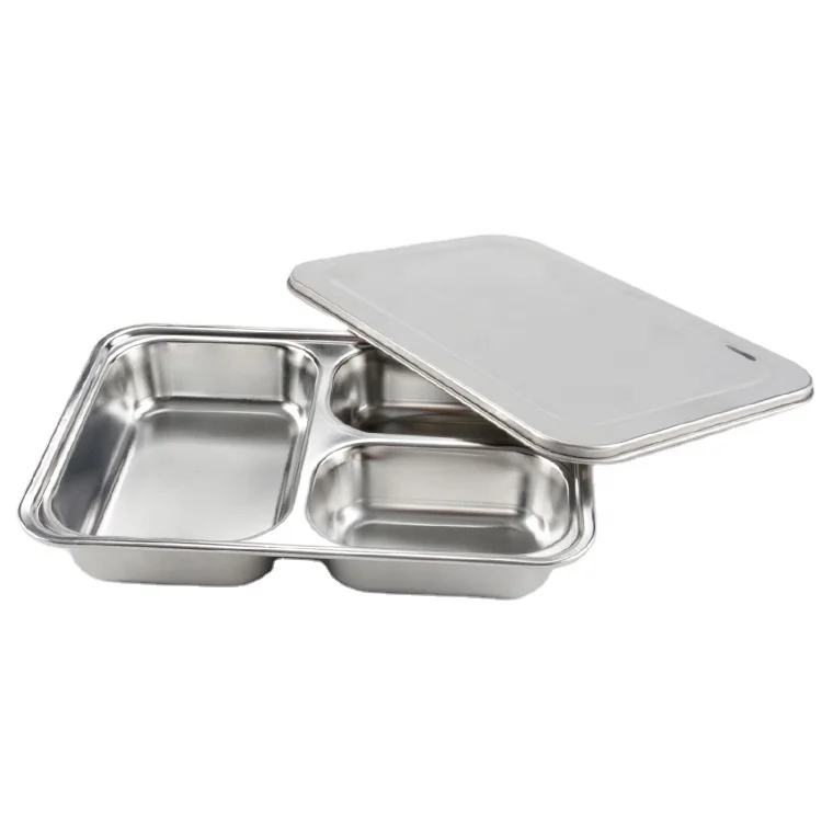 Child kid used food grade food container compartment bento plate stainless steel food tray for canteen school