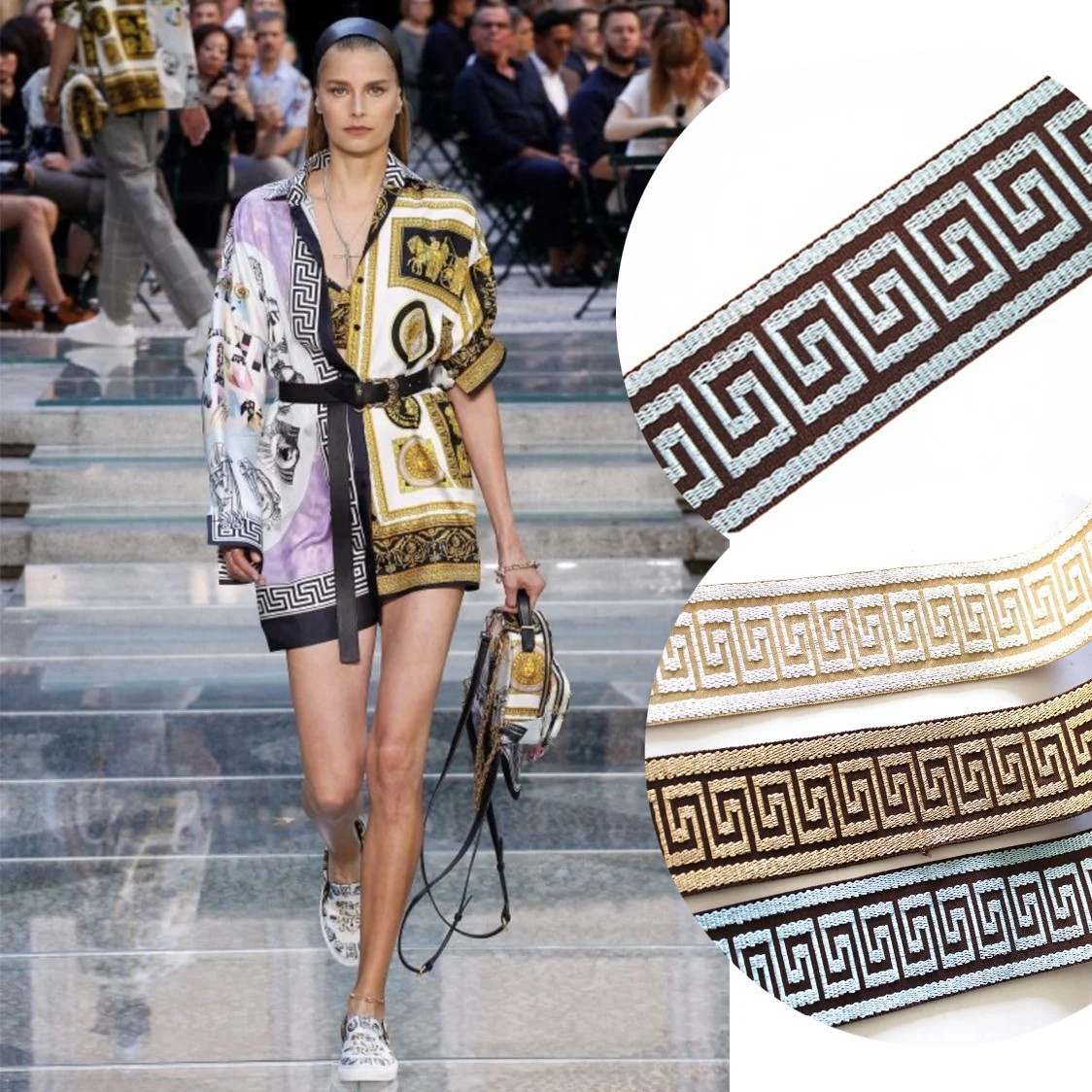Customized polyester gold greek key woven trims for surcoat decoration