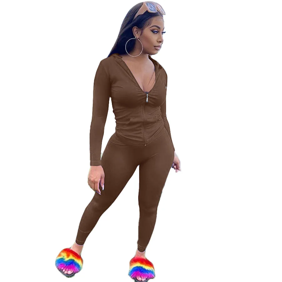 Однотонный спортивный костюм для бега из полиэстера с капюшоном, женский спортивный костюм на молнии