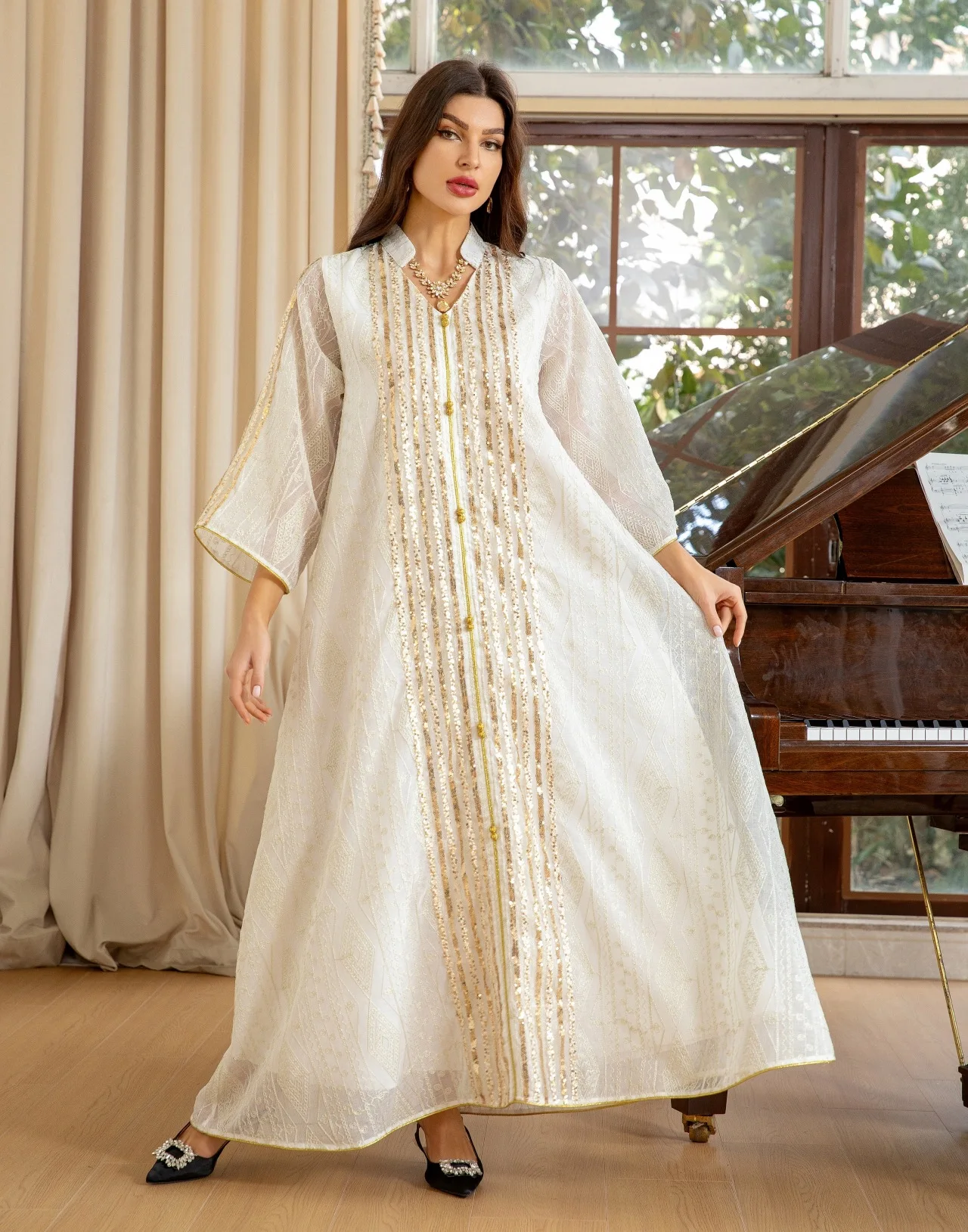 mebroidered Latest Design Abaya Women Muslim Dress Mesh Embroidered Sequin Spliced Islam Chic Evening Dress Fashion Dubai Robe
