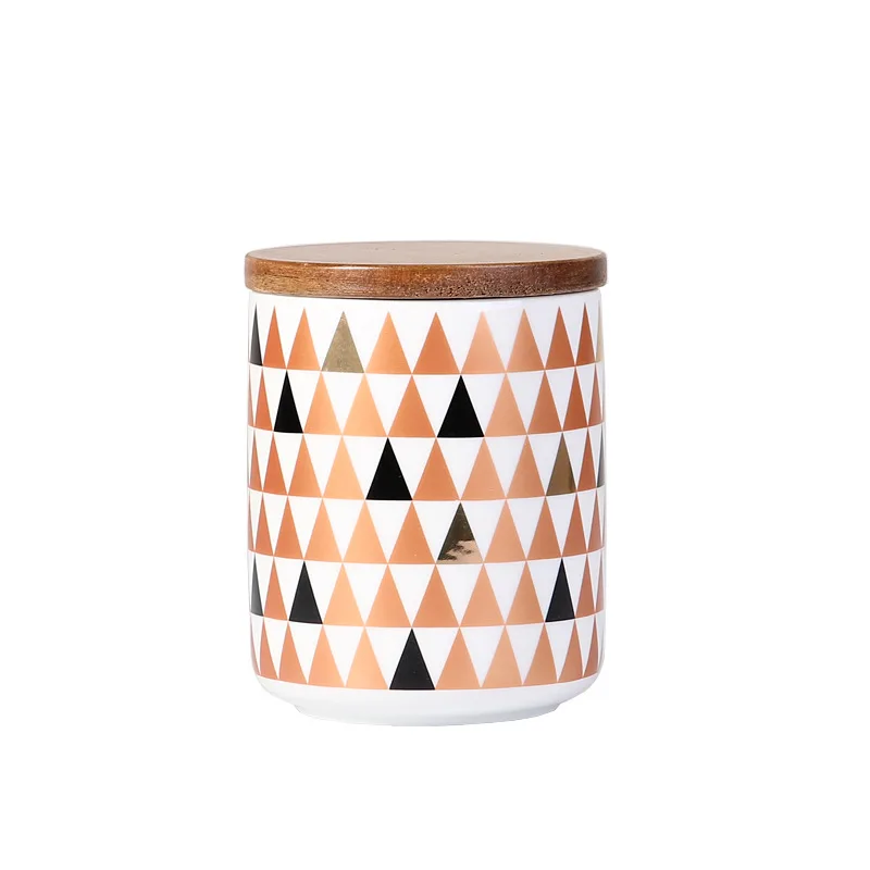 Geometric pattern Porcelain Container Ceramic kitchen Food Storage Jar Wooden Lid Canister Serving Tea Coffee Sugar Canister